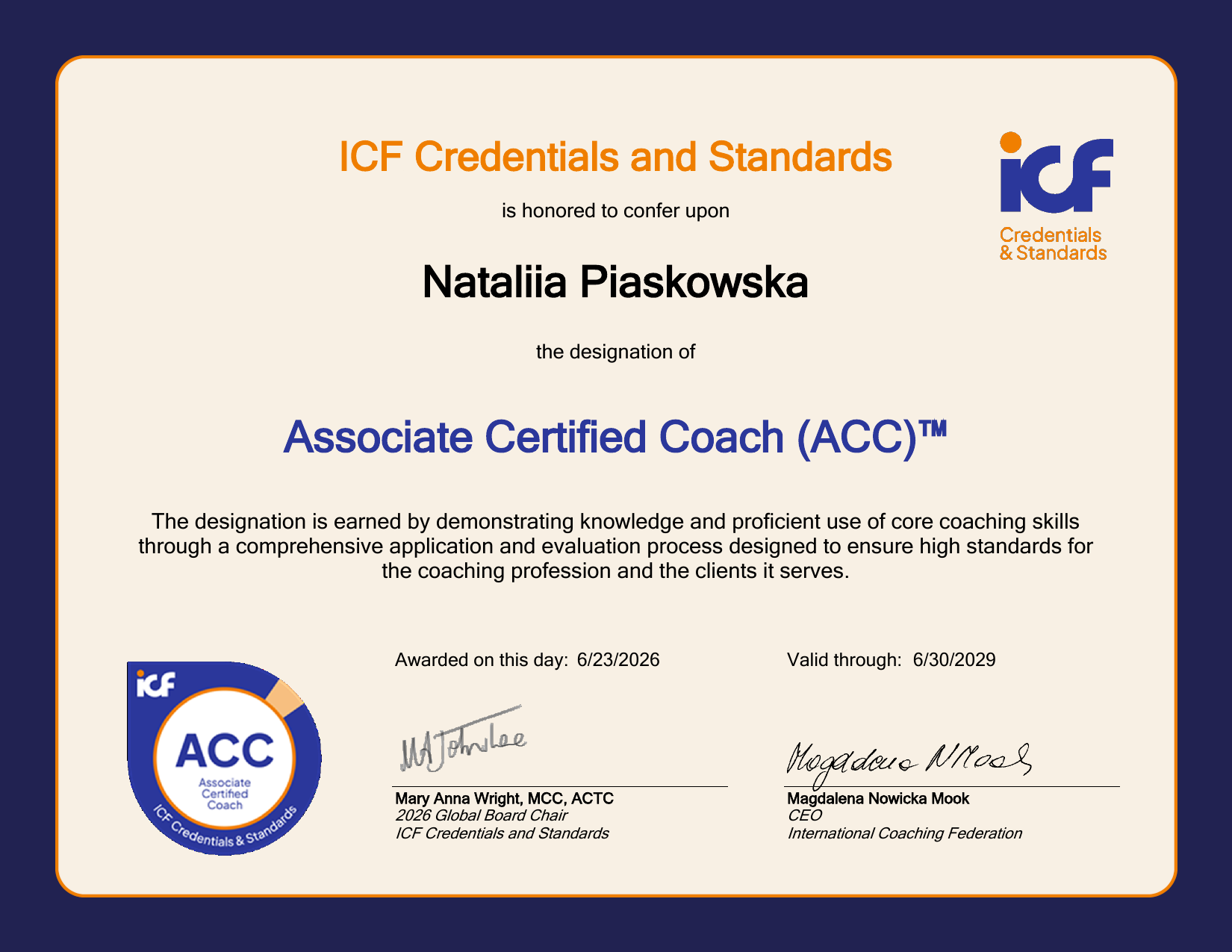 ICF ACC Credential Certificate